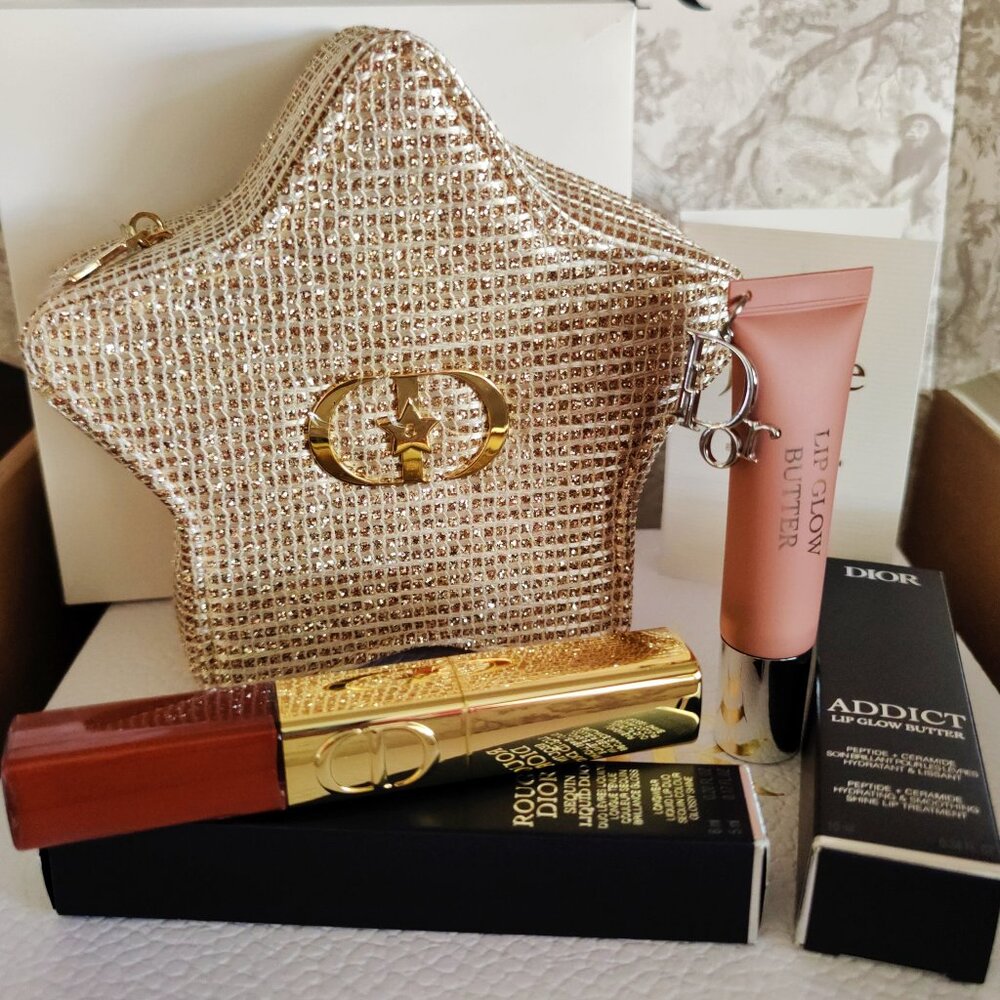 Dior Beauty Sequin Liquid Lip Duo & Lip Glow Butter Bundle of 4 w/Star Pouch NEW